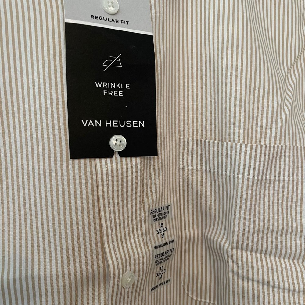 VAN HEUSEN MENS DRESS SHIRT WHITE WITH TAN STRIPS